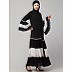 Contrast  pleated Front open abaya-Black- White